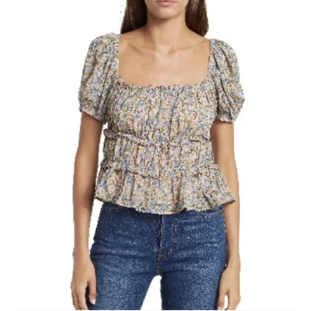 ASTR the Label Ruffle Ruched  Cropped Peach Blue Ditsy Print Size XL